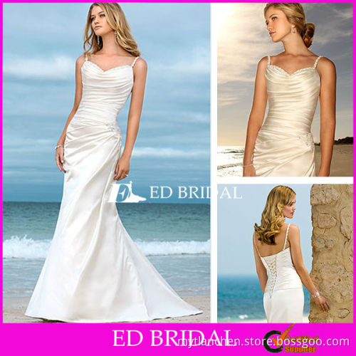 Spaghetti Strap Sweetheart Mermaid Wedding Dress Trumpet Beaded Ruched Satin Bridal Gowns